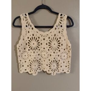 Rebellion‎ Ag The Crochet Top Beige Floral Sun V Neck Sleeveless Cropped Size S